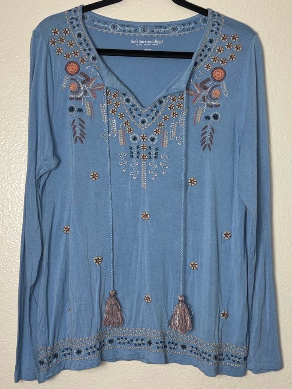 Soft surroundings embroidered long sleeve top with tassels -Blue Women's Medium - Picture 4 of 15